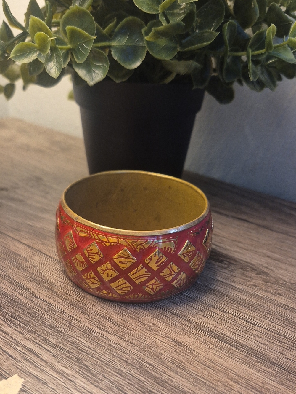 Vintage Enamel Red and Gold Decorative Brass Bangle Bracelet